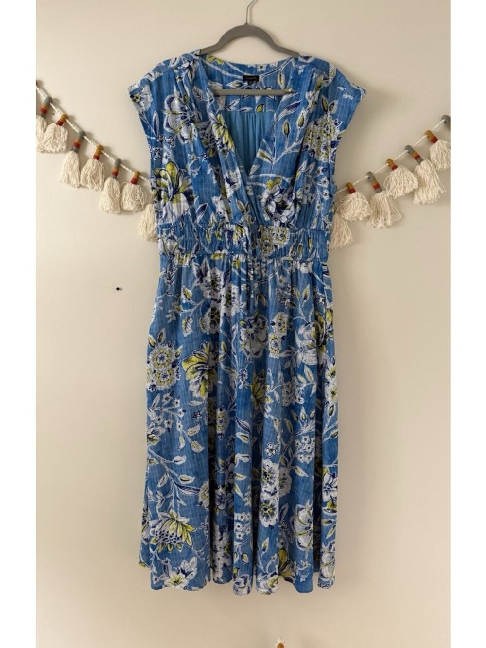 Talbots Sketched Botanical Floral V-neck Midi Sundress Blue Peasant Coastal 14